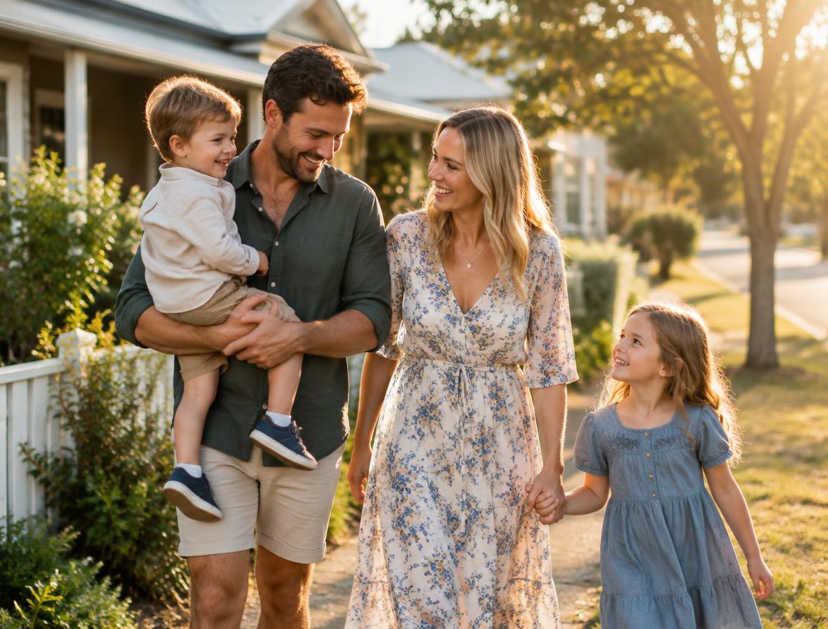 A happy young family walking together outdoors