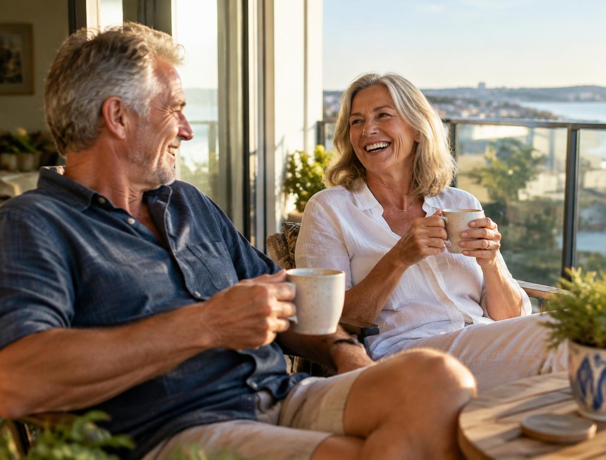 A happy retired couple relaxing together with coffee