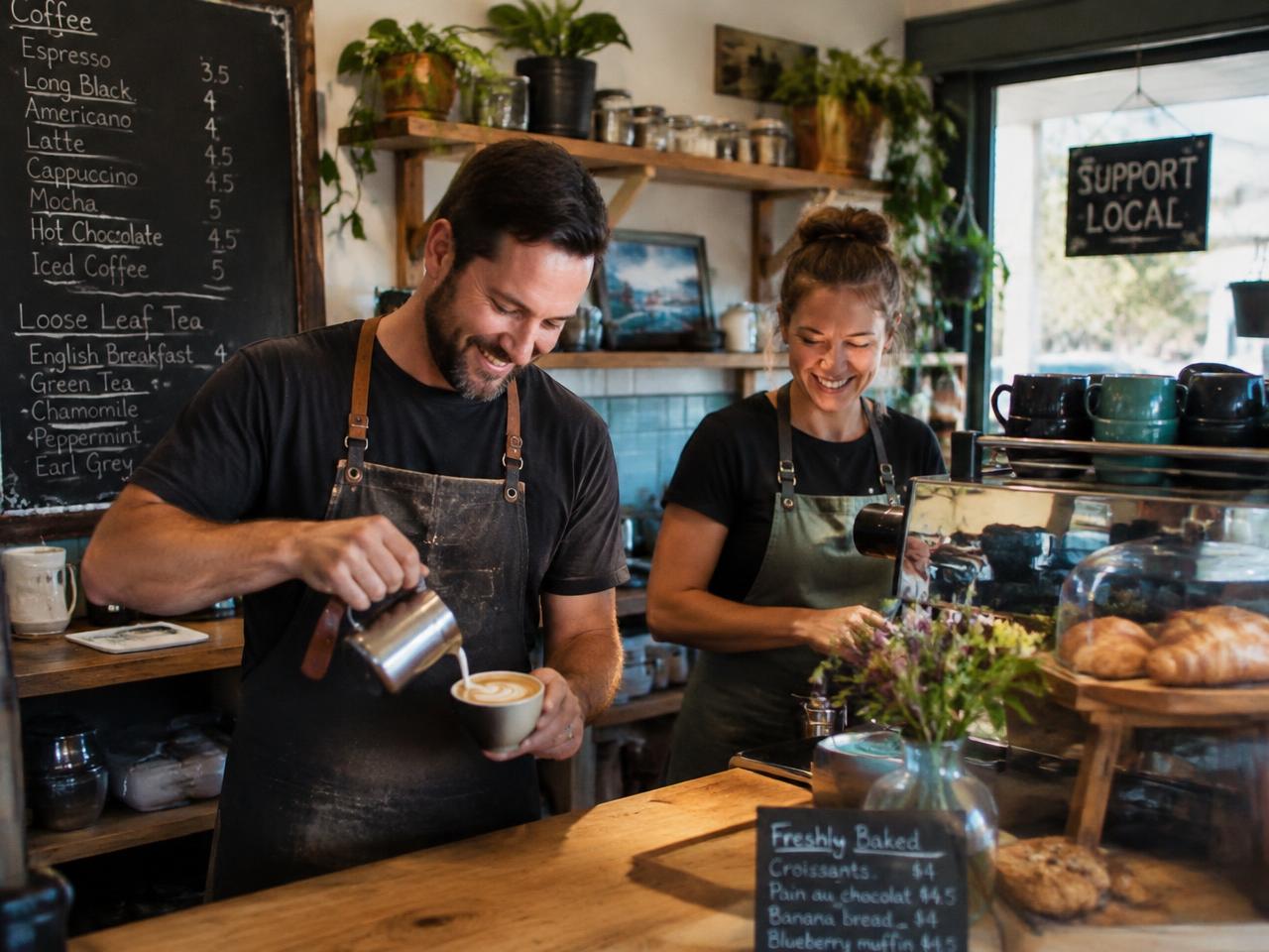 Small business owners smiling as they work in their local cafe