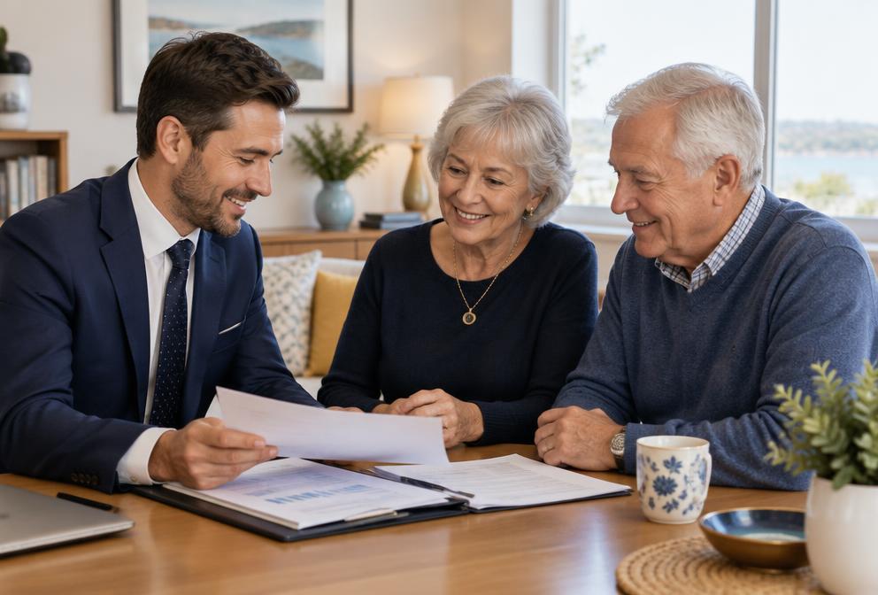 An adviser sitting with an elderly couple, reviewing options together