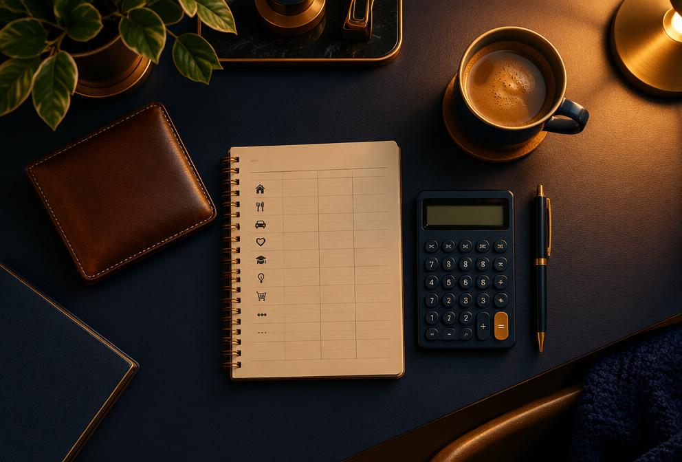A tidy desk with a budget planner, calculator, and coffee