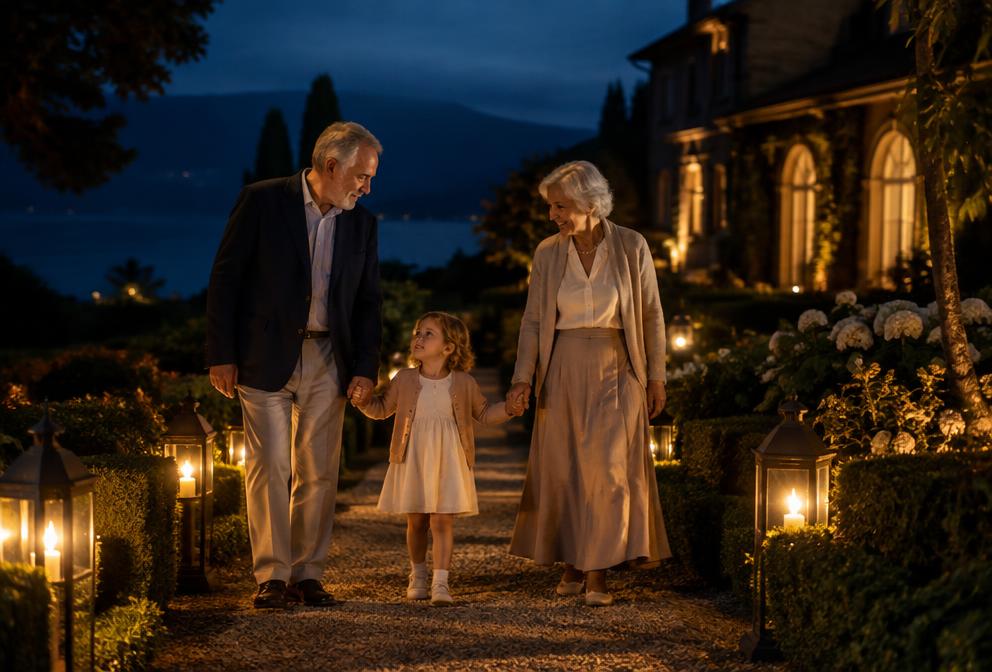 A family walking together along a tree-lined path at dusk