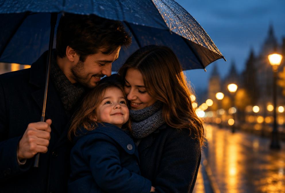 A young family sheltering together under an umbrella