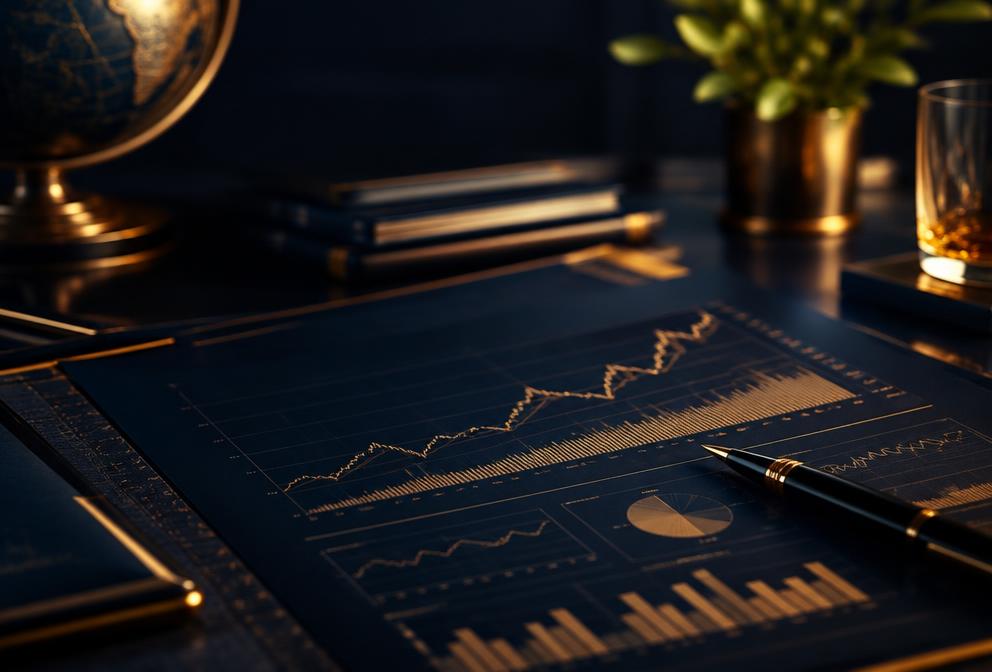 Investment performance charts on a desk, with a laptop and notebook
