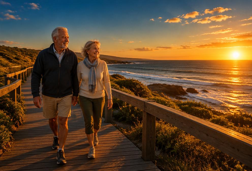 A happy retired couple walking together by the coast