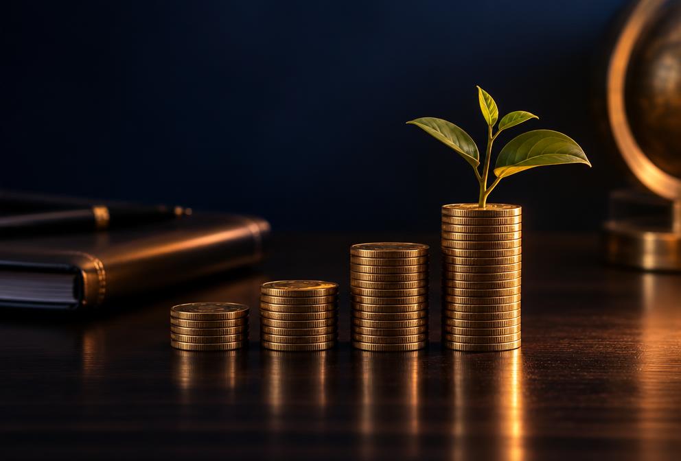 Coins growing on top of stacked coins beside a small plant
