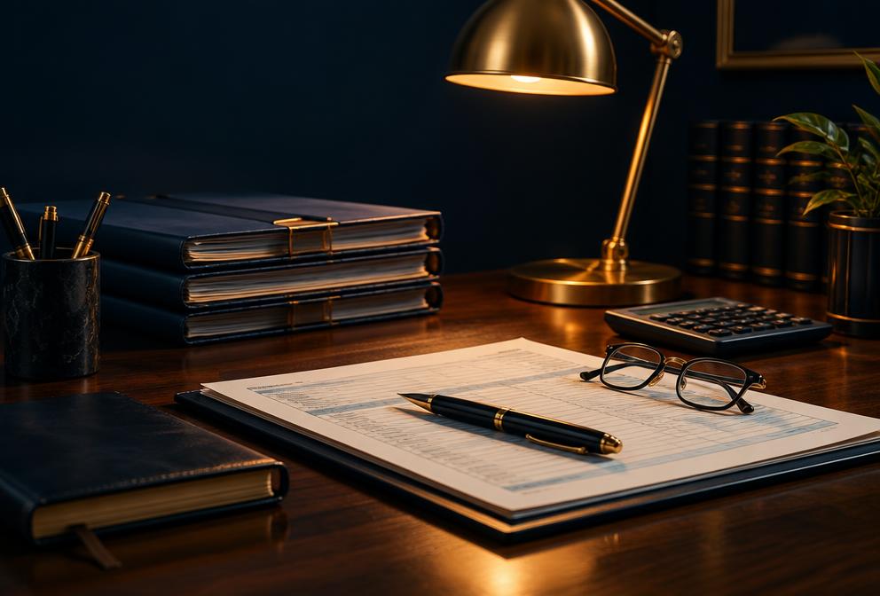 An organised accounting desk with documents and a calculator